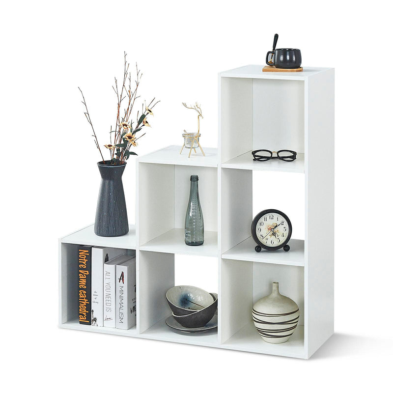 Meerveil Storage Unit Wooden Bookcase, 6-Cube Step Style, White Color