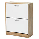 Meerveil Modern Shoe Rack, Natural Wood Grain/White Color, 2 Drawer Flaps