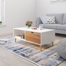 Meerveil Modern Style Coffee Table, White Color, with 2 Drawers, Solid Wood Legs