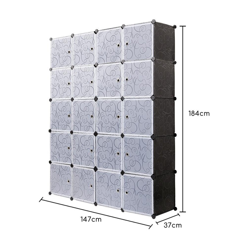 Meerveil Bedroom PP Storage Wardrobe, 12/20 Cubes, Black Color, with White Door Panel Twill Printed