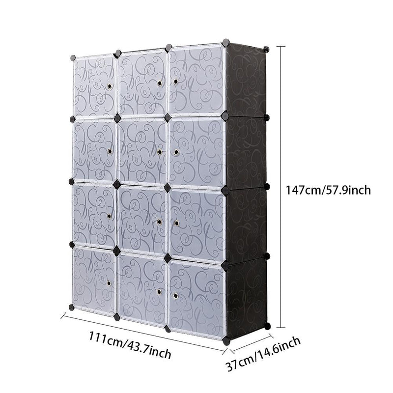 Meerveil Bedroom PP Storage Wardrobe, 12/20 Cubes, Black Color, with White Door Panel Twill Printed