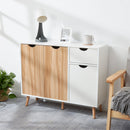 Meerveil Modern Storage Cabinet, White and Oak Color Matching, 3 Doors and Single Drawer