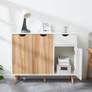 Meerveil Modern Storage Cabinet, White and Oak Color Matching, 3 Doors and Single Drawer