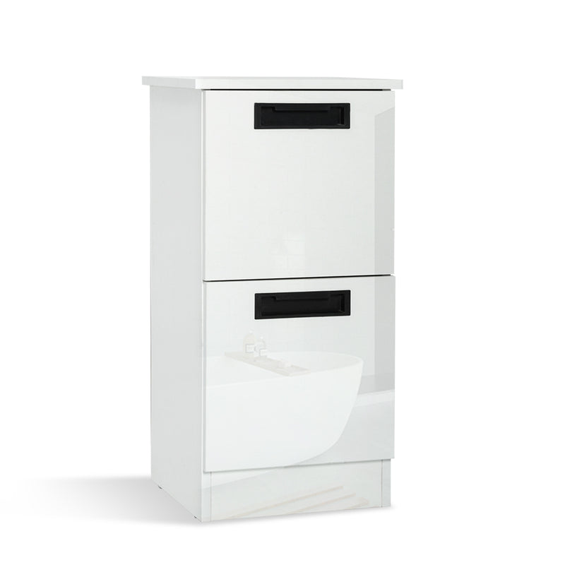 Meerveil Freestanding Bathroom Cabinet, White Color, 2 Drawers and Black Pulls