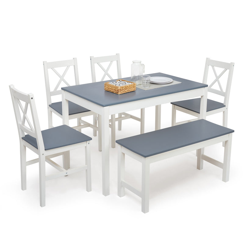 Meerveil Dining Table and Chairs Set, White&Blue/Natural Wood Color, Classic Style, Solid Pine Wood