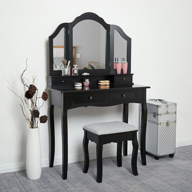 Meerveil Classic Dressing Table, Black/White Color, Providing a Large Mirror, Drawers and Printed Stool