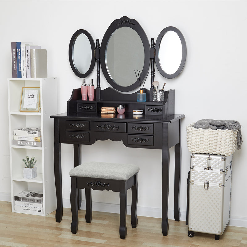 Meerveil Modern Dressing Table, White Color, with 3 Rotating Mirrors and Stool