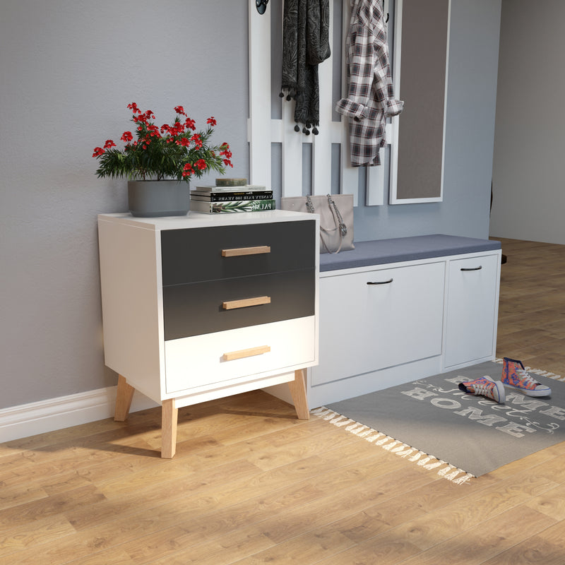 Meerveil Storage Cabinet, White and Grey, Nordic Style, 3 Chest of Drawers, with Solid Wood Legs