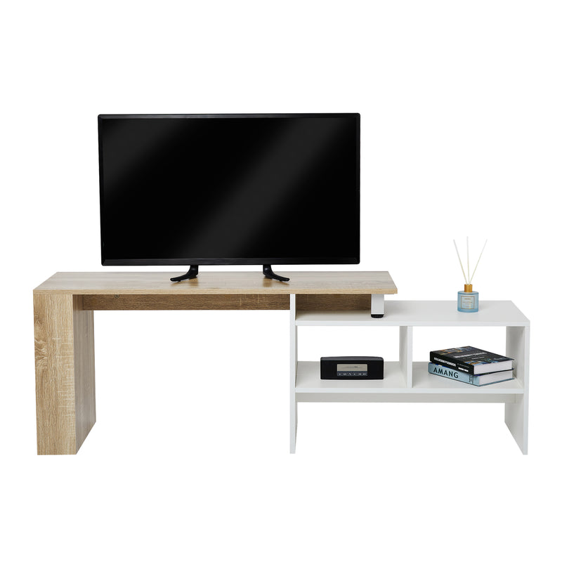 Meerveil Modern Style TV Cabinet, White & Wooden Color, Extendable Structure