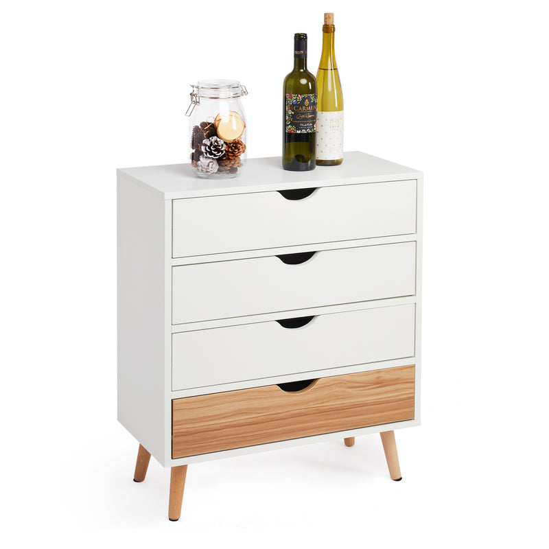 Meerveil Modern Minimalist Style Storage Cabinet, White + Oak Color, 4 Chest of Drawers without Handle, Solid Wood Legs