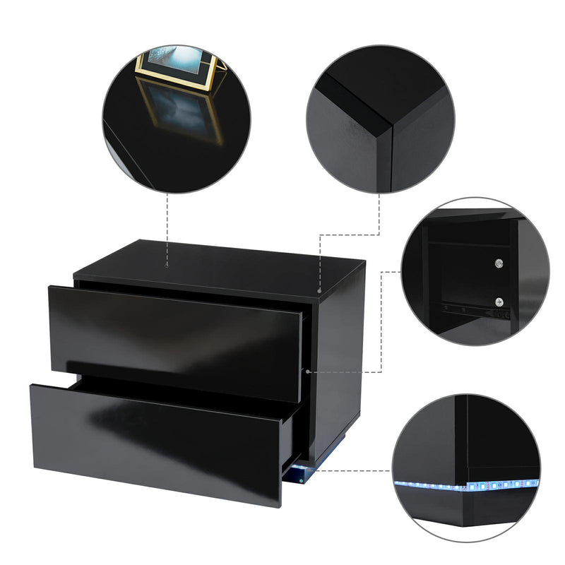 Meerveil LED Bedside Cabinet, Black Color, with 2 Drawers, High Gloss with USB Light