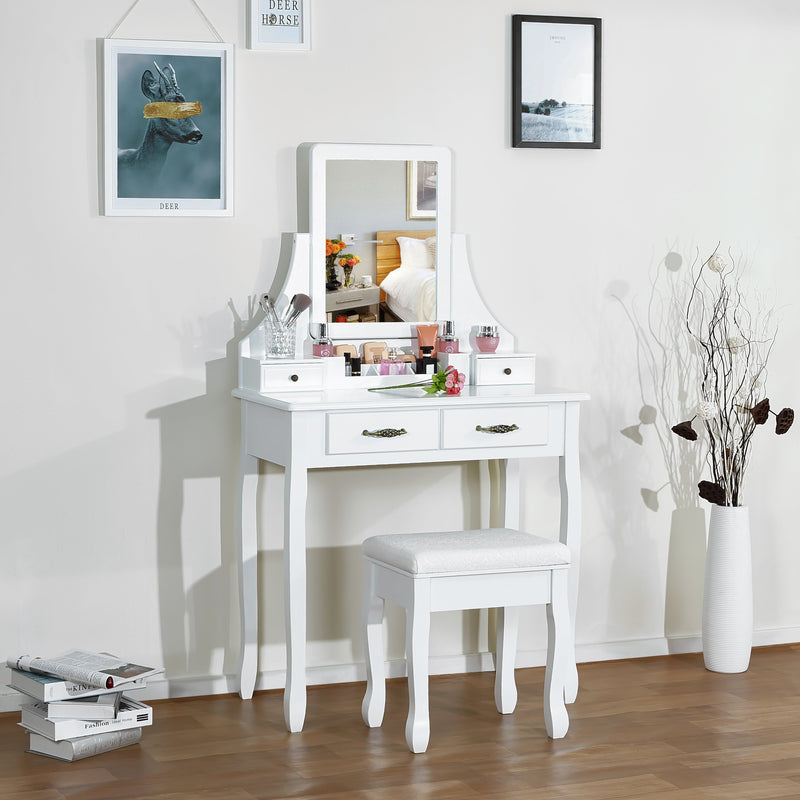 Meerveil Classic Dressing Table, White Color, with a Large Mirror and Stool