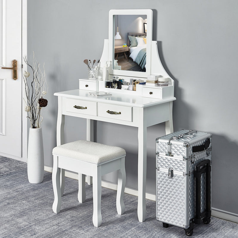 Meerveil Classic Dressing Table, White Color, with a Large Mirror and Stool