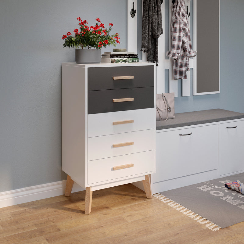 Meerveil Storage Cabinet, White and Grey, Nordic Style, 5 Chest of Drawers, with Solid Wood Legs