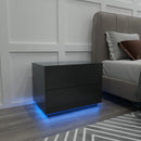 Meerveil LED Bedside Cabinet, Black Color, with 2 Drawers, High Gloss with USB Light