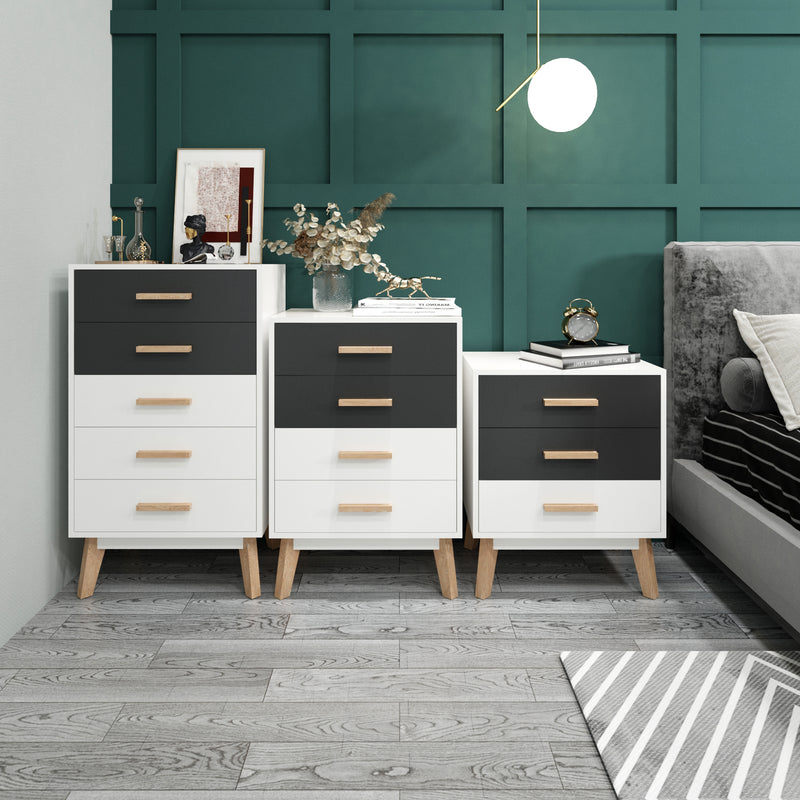 Meerveil Storage Cabinet, White and Grey, Nordic Style, 5 Chest of Drawers, with Solid Wood Legs