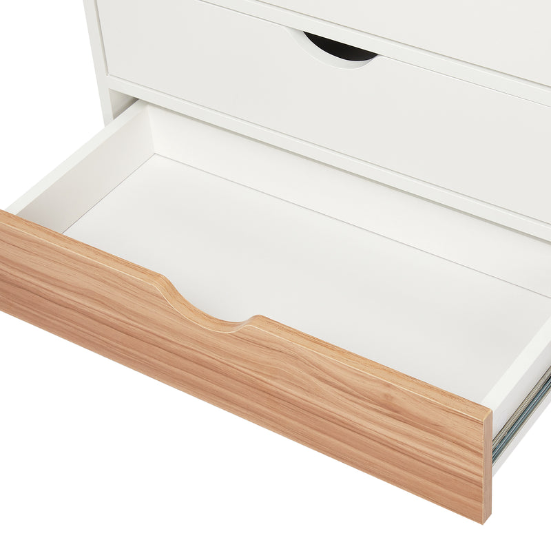 Meerveil Modern Minimalist Style Storage Cabinet, White + Oak Color, 4 Chest of Drawers without Handle, Solid Wood Legs