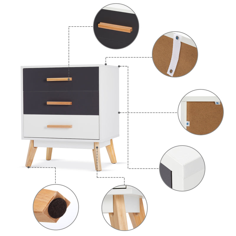 Meerveil Storage Cabinet, White and Grey, Nordic Style, 3 Chest of Drawers, with Solid Wood Legs