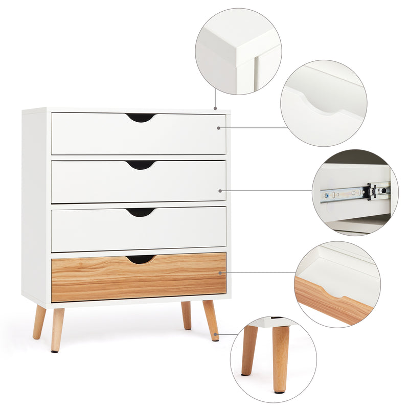 Meerveil Modern Minimalist Style Storage Cabinet, White + Oak Color, 4 Chest of Drawers without Handle, Solid Wood Legs