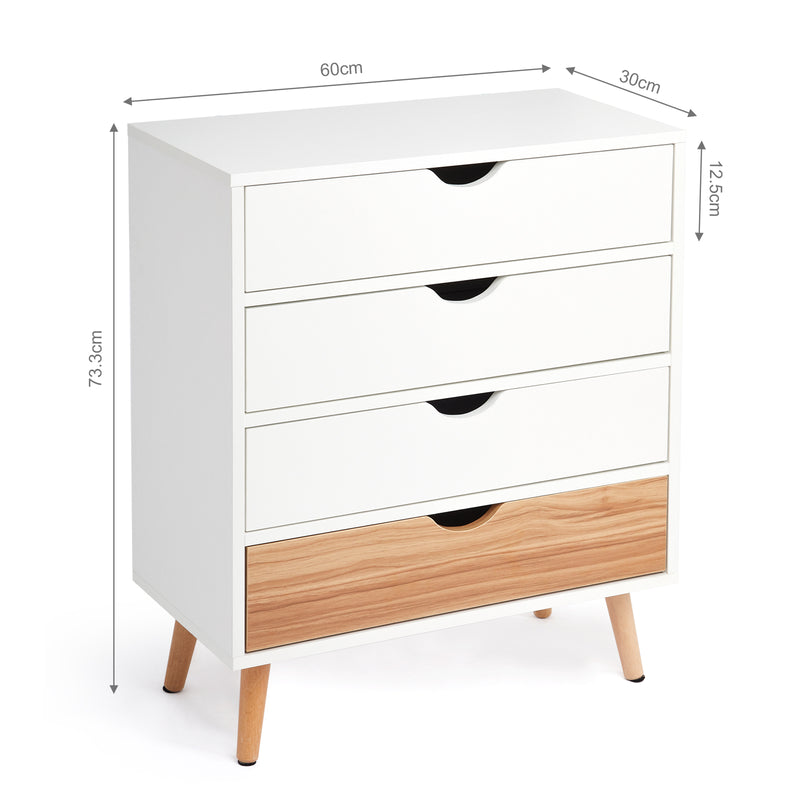 Meerveil Modern Minimalist Style Storage Cabinet, White + Oak Color, 4 Chest of Drawers without Handle, Solid Wood Legs