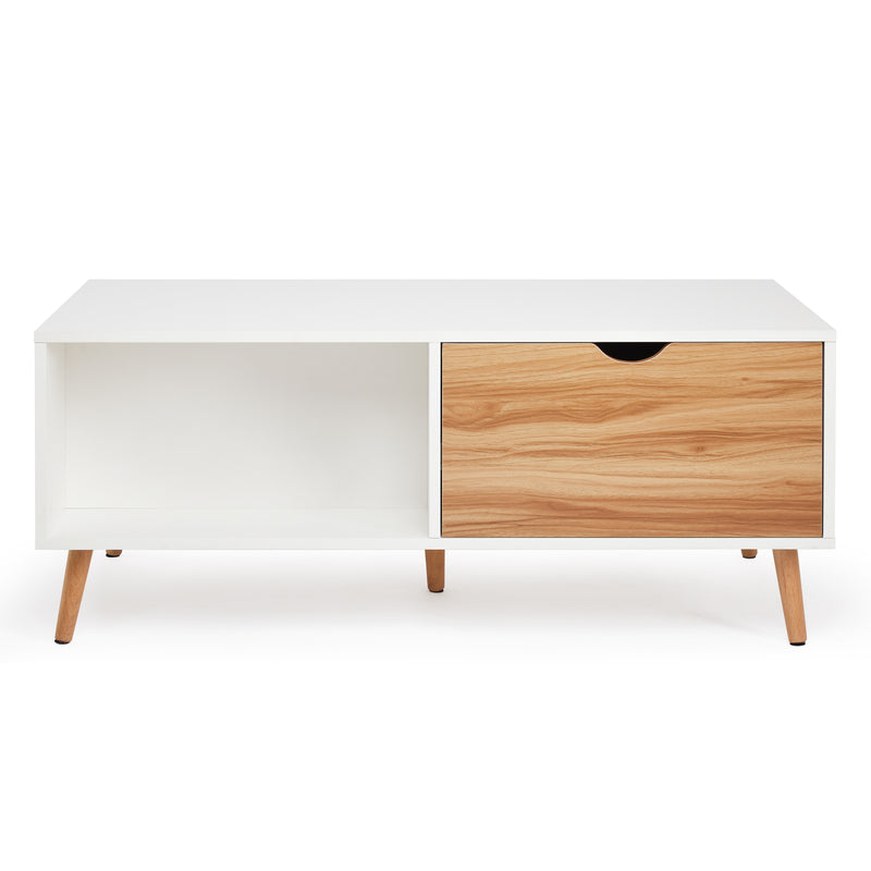 Meerveil Modern Style Coffee Table, White Color, with 2 Drawers, Solid Wood Legs