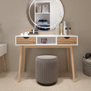 Meerveil Computer Desk, White + Oak, Nordic Style, with 2 Drawers 1 Storage Unit, and Solid Wood Legs