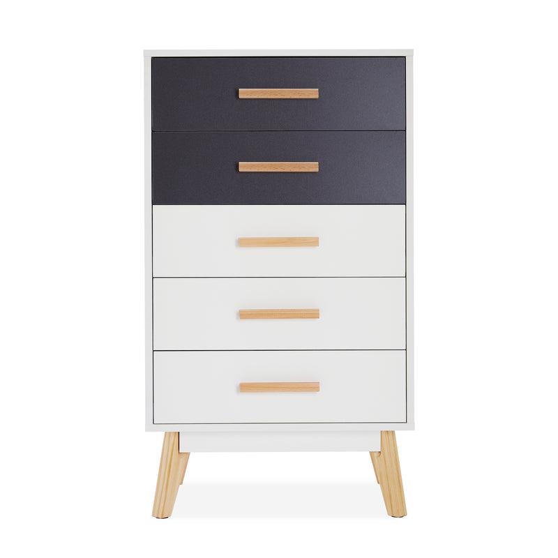 Meerveil Storage Cabinet, White and Grey, Nordic Style, 5 Chest of Drawers, with Solid Wood Legs