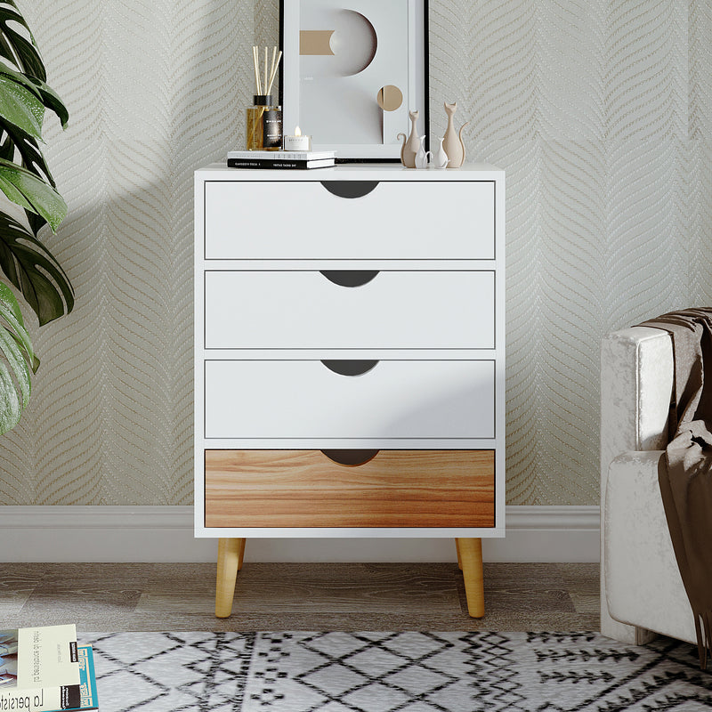 Meerveil Modern Minimalist Style Storage Cabinet, White + Oak Color, 4 Chest of Drawers without Handle, Solid Wood Legs