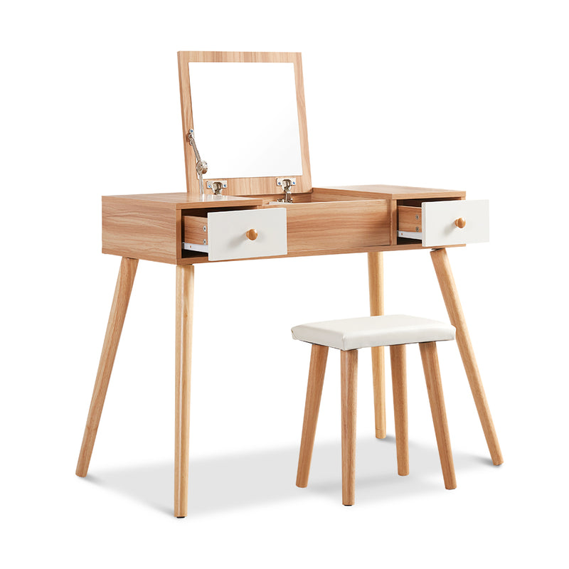 Meerveil Wooden Dressing Table, Oak&White Color, with Square Mirror and Stool