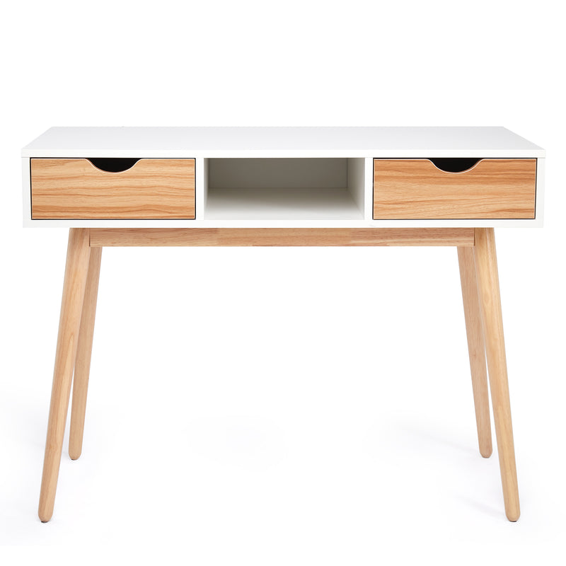 Meerveil Computer Desk, White + Oak, Nordic Style, with 2 Drawers 1 Storage Unit, and Solid Wood Legs