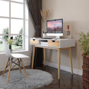 Meerveil Computer Desk, White + Oak, Nordic Style, with 2 Drawers 1 Storage Unit, and Solid Wood Legs