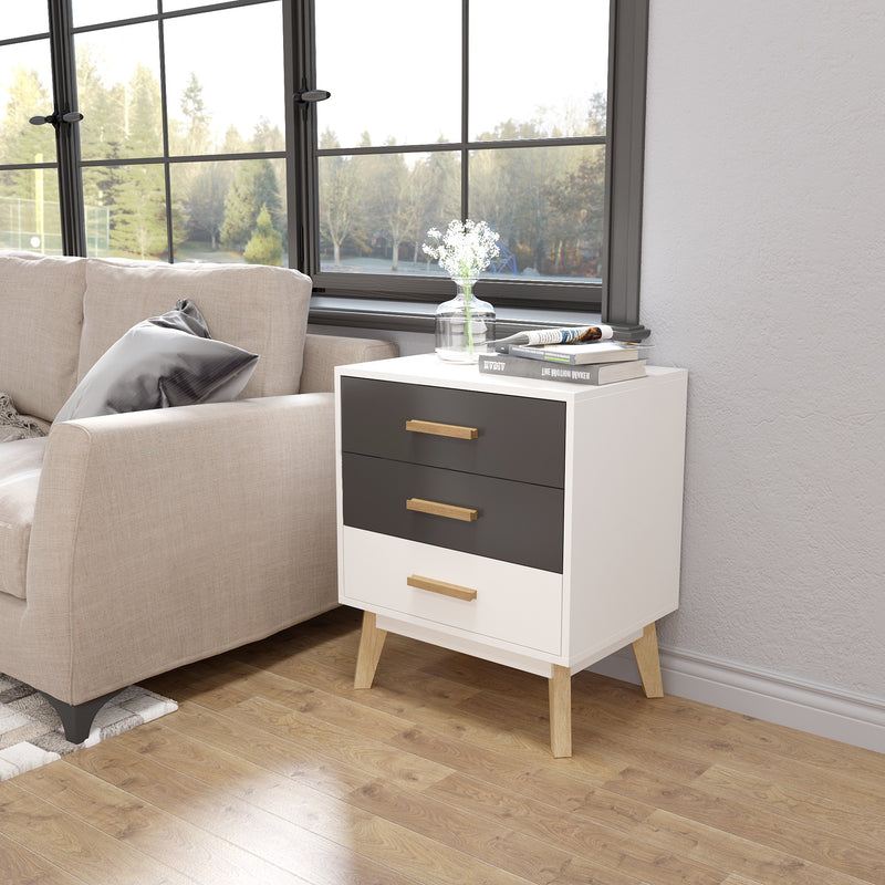 Meerveil Storage Cabinet, White and Grey, Nordic Style, 3 Chest of Drawers, with Solid Wood Legs