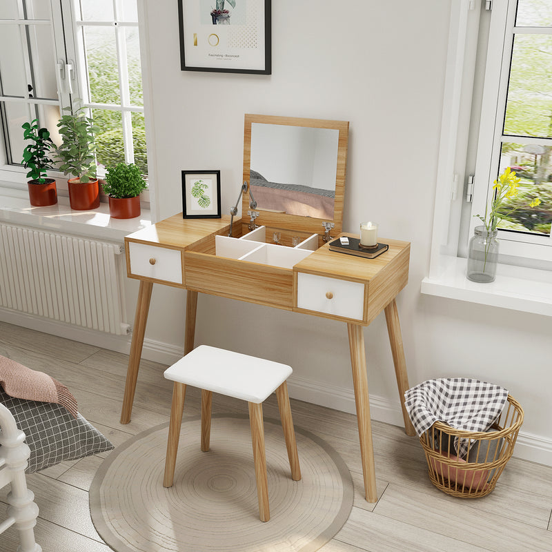 Meerveil Wooden Dressing Table, Oak&White Color, with Square Mirror and Stool