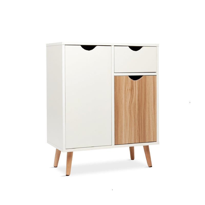 Meerveil Modern Storage Cabinet, White and Oak Color Matching, 2 Doors and Single Drawer