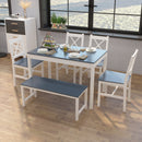 Meerveil Dining Table and Chairs Set, White&Blue/Natural Wood Color, Classic Style, Solid Pine Wood