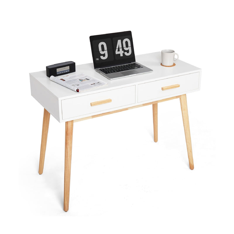 Meerveil Modern Computer Desk, White Color, 2 Drawers and Solid Wood Frame