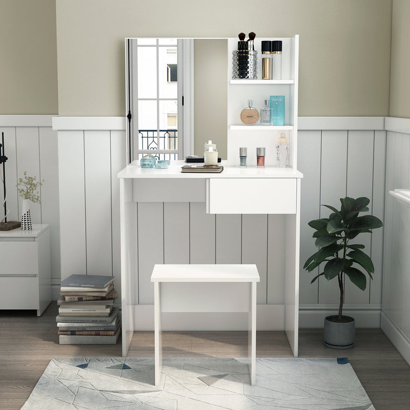 Meerveil Modern Dressing Table Set, White Color, Providing Frameless Mirror and Stool