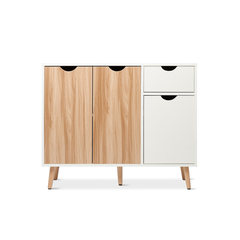 Meerveil Modern Storage Cabinet, White and Oak Color Matching, 3 Doors and Single Drawer