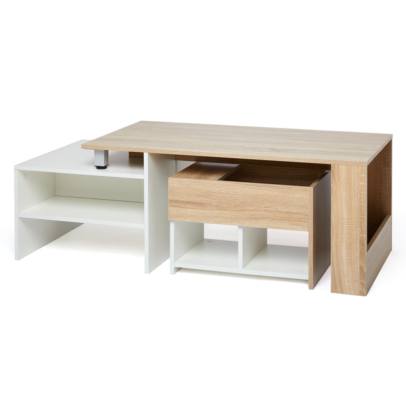 Meerveil Wood Modern Coffee Table, White and Oak Color, Extendable Adjustable Direction