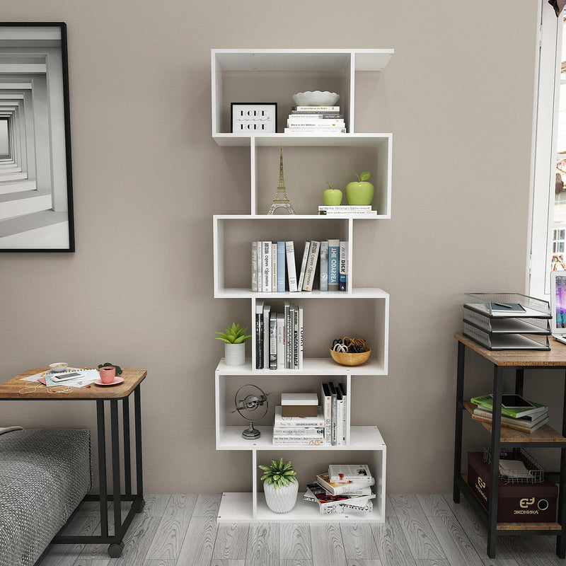 Meerveil Wooden Bookcase, White Color, 6 Tier Tall, Free Standing