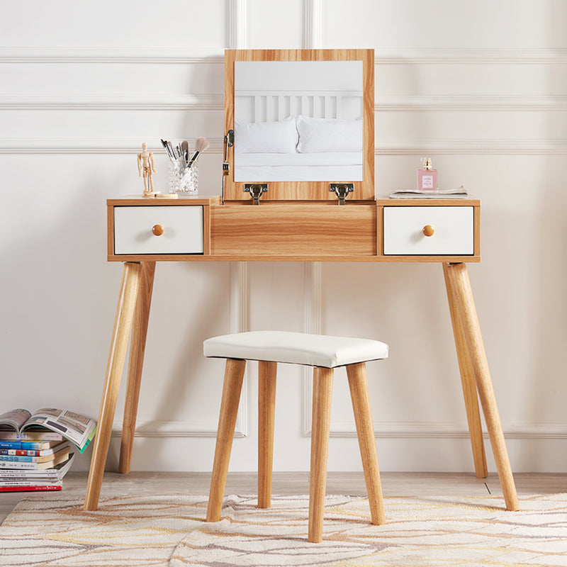 Meerveil Wooden Dressing Table, Oak&White Color, with Square Mirror and Stool