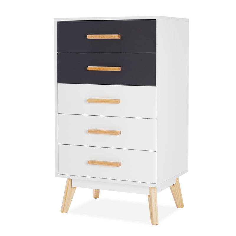 Meerveil Storage Cabinet, White and Grey, Nordic Style, 5 Chest of Drawers, with Solid Wood Legs