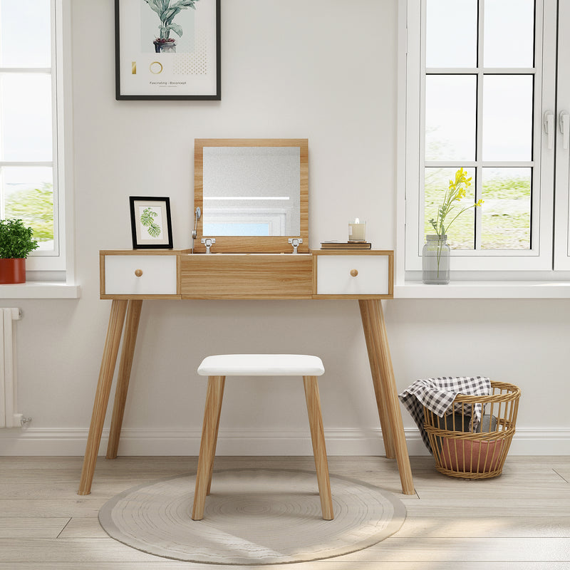 Meerveil Wooden Dressing Table, Oak&White Color, with Square Mirror and Stool