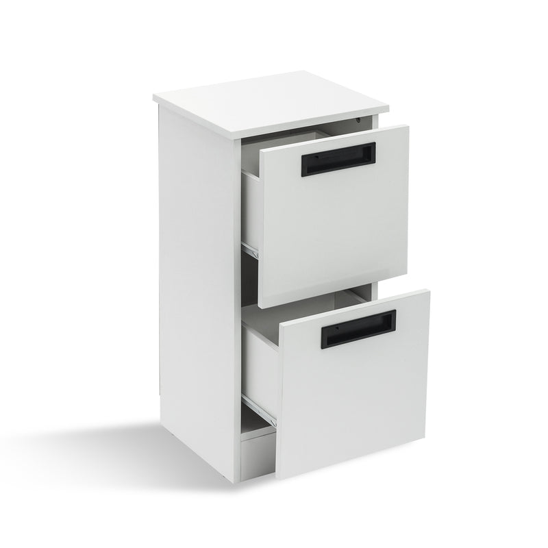 Meerveil Freestanding Bathroom Cabinet, White Color, 2 Drawers and Black Pulls