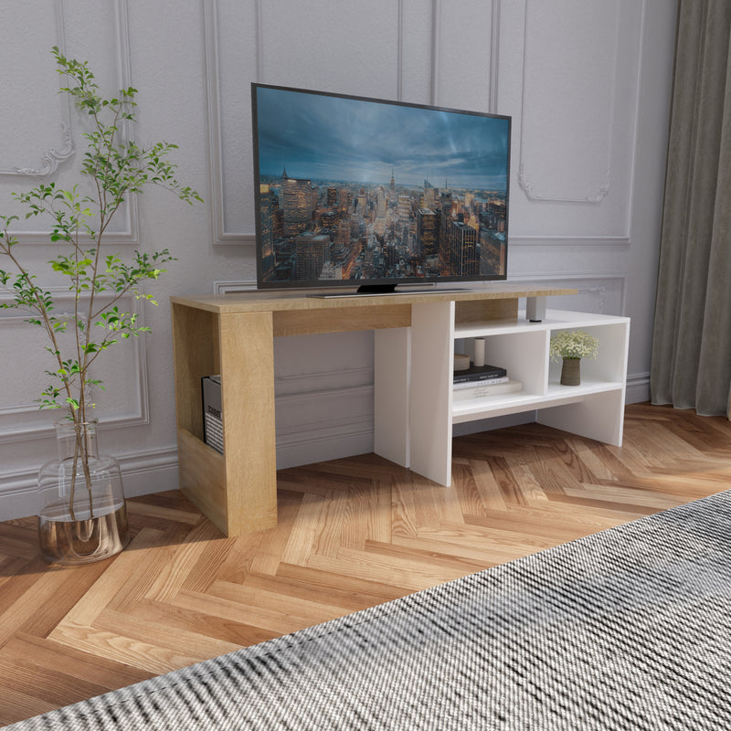 Meerveil Modern Style TV Cabinet, White & Wooden Color, Extendable Structure