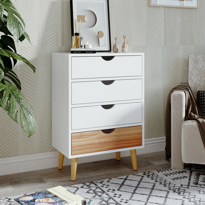 Meerveil Modern Minimalist Style Storage Cabinet, White + Oak Color, 4 Chest of Drawers without Handle, Solid Wood Legs