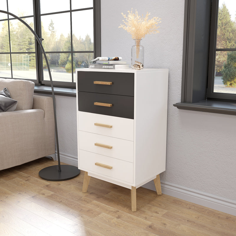 Meerveil Storage Cabinet, White and Grey, Nordic Style, 5 Chest of Drawers, with Solid Wood Legs