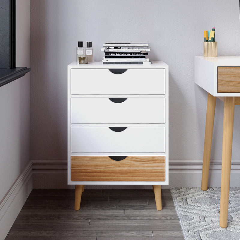 Meerveil Modern Minimalist Style Storage Cabinet, White + Oak Color, 4 Chest of Drawers without Handle, Solid Wood Legs