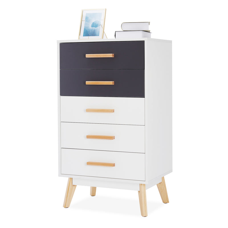 Meerveil Storage Cabinet, White and Grey, Nordic Style, 5 Chest of Drawers, with Solid Wood Legs