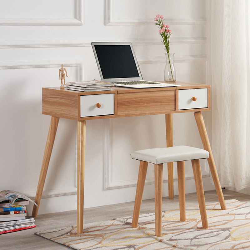 Meerveil Wooden Dressing Table, Oak&White Color, with Square Mirror and Stool